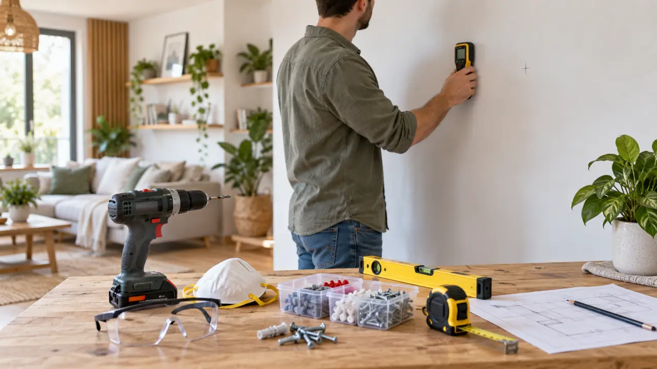 Personne vérifiant un mur avant de réaliser un perçage avec une perceuse