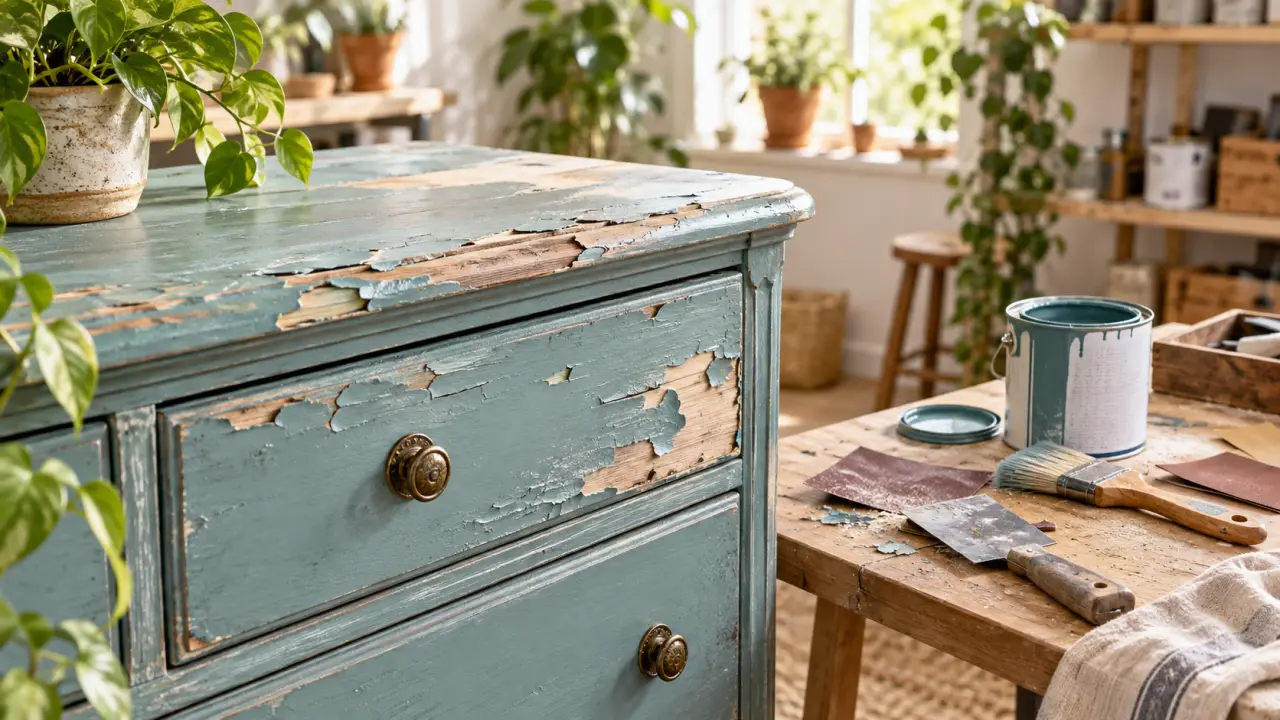 Meuble en bois peint en cours de restauration dans un atelier lumineux